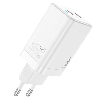 Сетевое Зарядное Устройство Hoco N23 GAN (USB, 2xType-C, PD45W, быстрая зарядка, 3A, EU, с быстрой зарядкой) - Белый