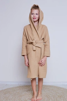 Детский вафельный халат IDEAL TEXTILE Бежевый 100% хлопок Узбекистан плотность 320 г/м2 на 10 лет ( до 137 см)