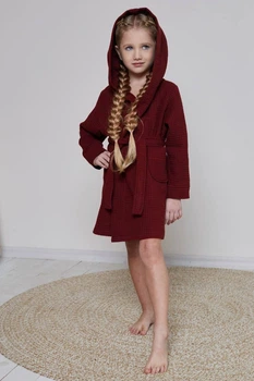 Дитячий вафельний халат IDEAL TEXTILE Бордовий 100% бавовна Узбекистан щільність 320 г/м2 на 7 лет (122-128 см)