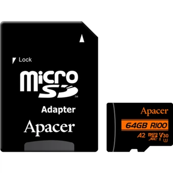 Карта памяти microSD 64Gb Apacer class 10 UHS-I U3 V30 A2 + SD адаптер (AP64GMCSX10U8-R)