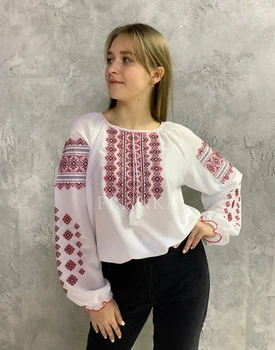 Украинская шифоновая женская вышиванка белая с красной вышивкой "Мелания" 8484-44 (М)