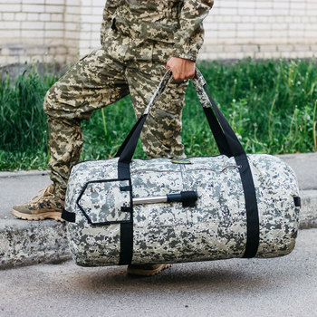 Сумка-баул-рюкзак, баул армійський Оксфорд тактична на 120 л Піксель із кріпленням для каремату та саперної лопати.
