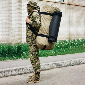 Баул-сумка военная, Оксфорд баул армейский 120 л тактический баул, тактический баул-рюкзак, койот с клапаном, креплением для каремата и саперной лопаты.
