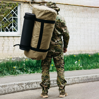 Баул-сумка військова, Оксфорд баул армійський 120 л тактичний баул, тактичний баул-рюкзак, койотм із клапаном, кріпленням для каремату та саперної лопати.