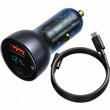Автомобильное зарядное устройство с быстрой зарядкой и шнуром Type-C, USB+Type-C Digital Display QC+PPS Car Charger 65W (Type-C toType-C100W 1m), Baseus (TZCCKX-0G)