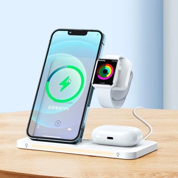 Бездротова зарядка Qi 3in1 Wireless Charger Remax RP-W60 | 22W, Watch/Airpods/Phone, LED light| white