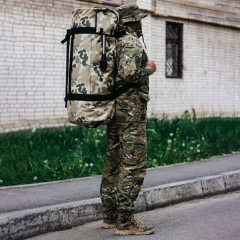 Рюкзак-сумка-баул військова, армійський баул Оксфорд 100 л тактичний баул пісочний мультикам з кріпленням для каремату і саперної лопати.
