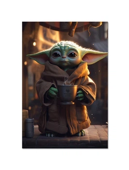 Постер плакат FNBK Грогу с кофе, Бейби Йода (Mandalorian, Star Wars, Мандалорец, Звездные войны) 30x40 см