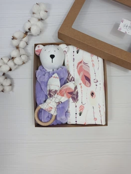 Набор для малыша: пеленка, комфортер, грызкнок a.l.babybox Перышки Фиолетовый