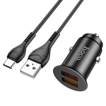 Адаптер автомобільний Hoco Type-C Cable Developer dual port Car charger set NZ1 |2USB, 3A, 36W, QC| Колір Black