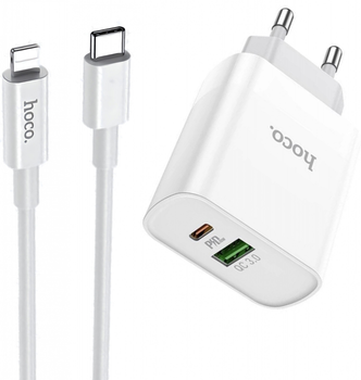Быстрая зарядка для iPhone 8/X/11/12/13/14 Комплект Кабель Type-C Lighting Блок питания USB-C (Type-C) +USB Hoco 18W White
