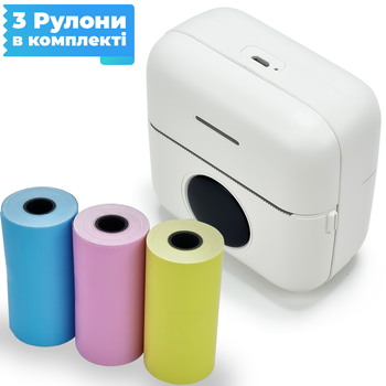 Мобільний Bluetooth термопринтер JETIX Mini Printer + 3 рулони кольорового термопаперу в комплекті