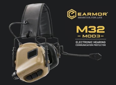 Тактичні активні навушники Earmor M32 MOD 3 з кріпленням чебурашка на шолом койот