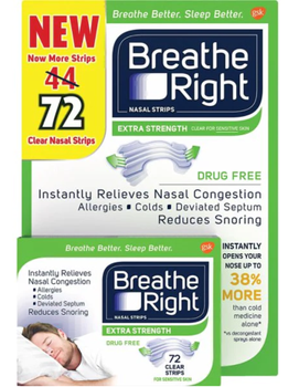 Полоски для носа Breathe Right для уменьшения храпа и облегчения заложенности носа для чувствительной кожи 72 шт