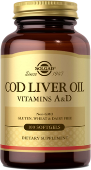 Олія Solgar печінки норвезької тріски з вітамінами A і D, Cod Liver Oil & Vitamins A&D, 100 желатинових капсул (33984009400)