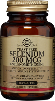 Selen, Solgar (selenometionina), selen, bez drożdży, 200 mcg, 100 tabletek (0033984025578)