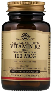 Naturalna witamina K2 Solgar, witamina K2 pochodzenia naturalnego, 100 mcg, 50 kapsułek wegetariańskich (0033984036031)