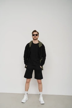 Спортивный костюм мужской тройка лето SUMMER с кофтой на замке + шорты + футболка черный хаки S