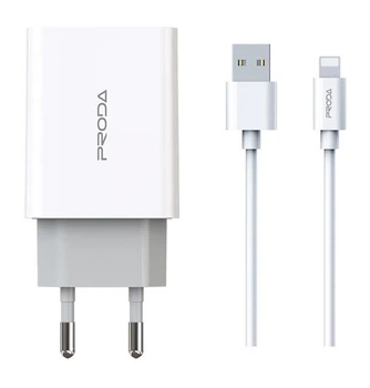 Мережевий зарядний пристрій Proda PD-A28i 2хUSB порти 2,4A + USB Ligthtning кабель 1 м білий