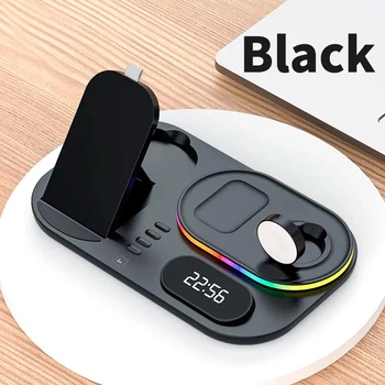 Зарядка бездротова Qi 4in1 бездротовий charger RGB/Clock JYD WC124 |30W Total| black Док-станція для iPhone + iWatch + Airpods (WC124)