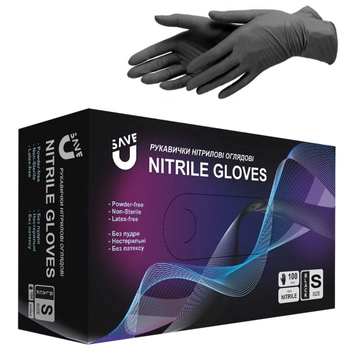 Смотровые нитриловые перчатки размер S черные SAVE U 50 пар