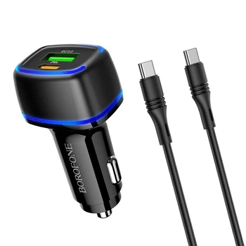 Автомобильное зарядное устройство 2USB (1х Type-C) с кабелем с Type-C-на-Type-C и быстрой зарядкой, Port QC3.0 Mercury Car Charger, Borofone (6931474740045)