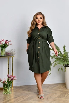 Льняна сукня сорочка мод ФЛ - 3656, хакі розмір 56-58