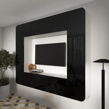 Гостиная Meblion "Портал-мини". 200х30х160h cm. Корпус белый с чорными глянцевыми фасадами.