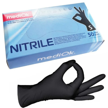 Медицинские чёрные нитриловые перчатки mediOk S 100шт