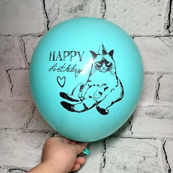 Повітряна кулька латексна хром з написом Happy birthday Злий кіт М'ятна
