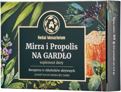 Suplement diety Herbal Monasterium Mirra i Propolis na gardło 24 pastylki (5906874431252)