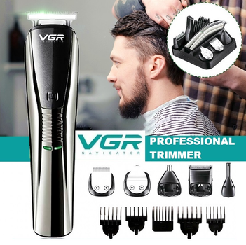 Бездротовий триммер VGR V-029 5Вт USB, 6 в 1 Тример, електробритва для бороди, Сірий