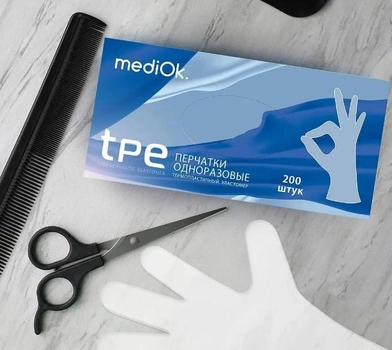 Рукавички TPE (нітрилові) MediOk, без пудри, прозорі (розмір M, 200 шт), НФ-00000050