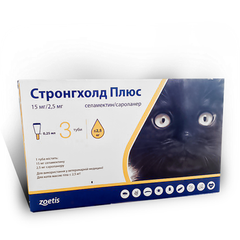 Капли Zoetis Stronghold Plus на холку противопаразитарные от блох и клещей для котов до 2,5кг 0,25мл х 3 пипетки 15 мг 10020776