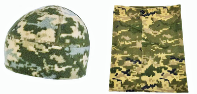 Комплект тактическая маска для лица и шапка "Зеленый пиксель" флисовый