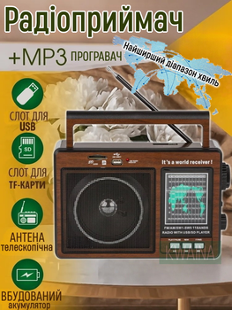 Большой всеволновой радиоприёмник мировой AM/FM/SW1-SW9 радио колонка MP3 с USB и аккумулятором
