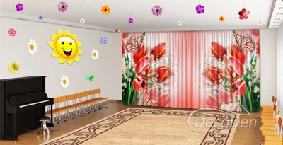 Весняні Фото Штори в дитячий сад PHOTODECOR "Червоні тюльпани та метелики"