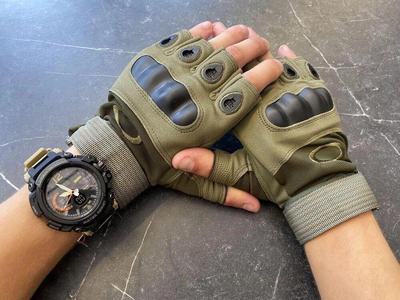 Тактические перчатки без пальцев Oakley / Мужские военные перчатки без пальцев Зеленые М 18-20 см.