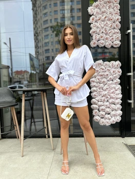 Женский костюм лен COSY Lotos кимоно и шорты L-XL белый KS01W