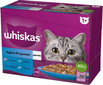Вологий корм для дорослих котів Whiskas пакетики сиг, тріска, лосось, тунець 12x85 г (8410136025839)