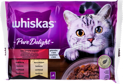 Mokra karma dla dorosłych kotów Whiskas Pure Delight wołowina, kura 4x85 g saszetki (5900951303227)