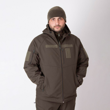 Мужская демисезонная Куртка Softshell с капюшоном / Водонепроницаемый Бушлат на флисе олива размер 48