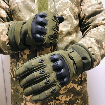 Плотные зимние перчатки на меху с сенсорными пальцами и защитными накладками хаки размер XL