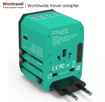 Универсальный адаптер для путешествий Wontravel Travel Adapter ORIGINAL +4 USB, Type C, Для всех типов розеток (Green)
