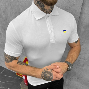 Мужское плотное Поло с принтом "Флаг Украины" / Футболка приталенного кроя белая размер L