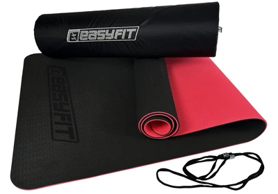 Коврик для йоги, спорта, фитнеса EasyFit TPE+TC 183х61x0.6 cм двухслойный + Чехол черный с красным