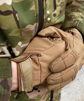 Плотные сенсорные перчатки SoftShell с прорезиненным покрытием и защитными накладками койот размер XL