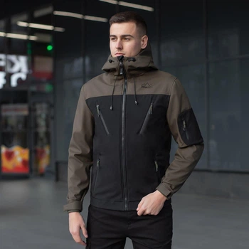 Демисезонная мужская Куртка с капюшоном Pobedov Korol’ Lev SoftShell на флисе хаки размер M