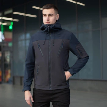 Демисезонная мужская Куртка с капюшоном Pobedov Korol’ Lev SoftShell на флисе синяя размер XXL
