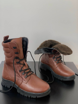 Зимние Берцы Ястреб из натуральной кожи с меховой подкладкой / Высокие утепленные ботинки коричневые размер 48